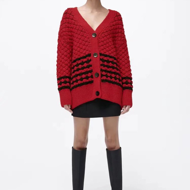 Sweter zimowy damski XIKOM 2021 w paski, oversize V-neck - tanie ubrania i akcesoria