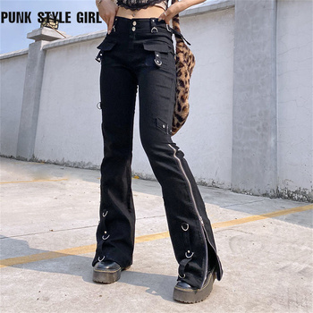Czarne spodnie Cargo Y2K Techwear jeansy damskie