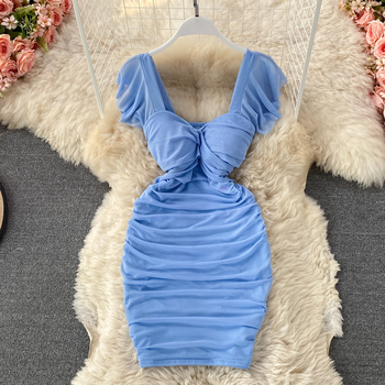 Sukienka damska drapowana z krótkim rękawem, kolor: niebieski/khaki/biały, z eleganckim kwadratowym kołnierzykiem, wysoka talia, mini Vestidos na imprezę 2021