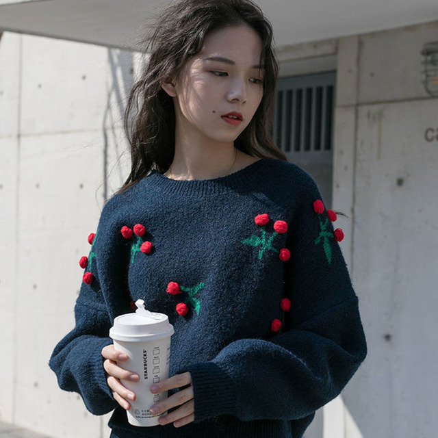 2021 Kobiecy Luźny Płaszcz Zimowy z Wiśniami w Stylu Korejskim - Czerwone Swetry Cherry - Krótki Pulower Feminino - tanie ubrania i akcesoria