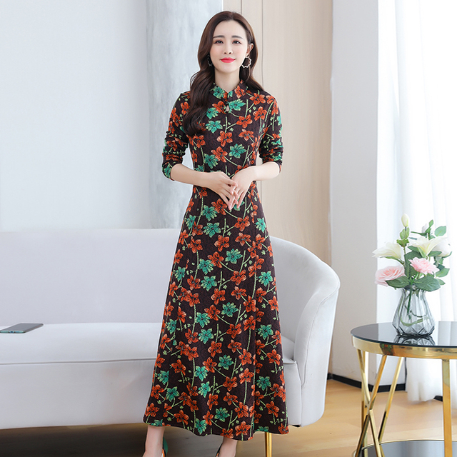 Sukienka damska jesienno-zimowa Retro chiński styl qipao moda żakardowa wysokiej jakości - tanie ubrania i akcesoria