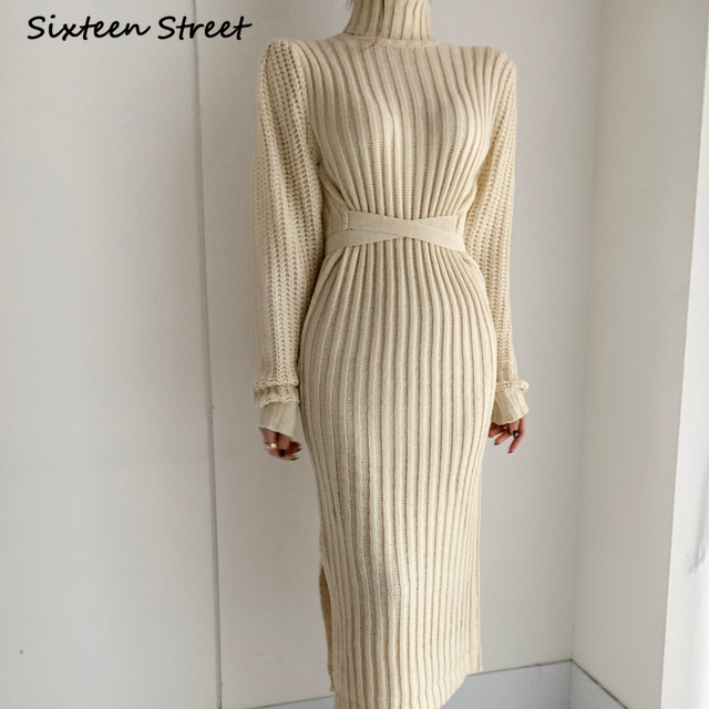 Elegancka, wełniana maxi sukienka z bufkami i golfem dla kobiet - Vestido De Mujer - tanie ubrania i akcesoria