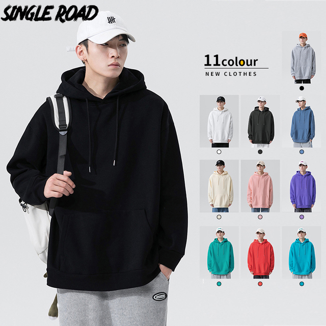 Męska bluza z kapturem Single Road 2021 - jednolity kolor, gładka, japońska moda uliczna Harajuku, czarna, obszerna - tanie ubrania i akcesoria