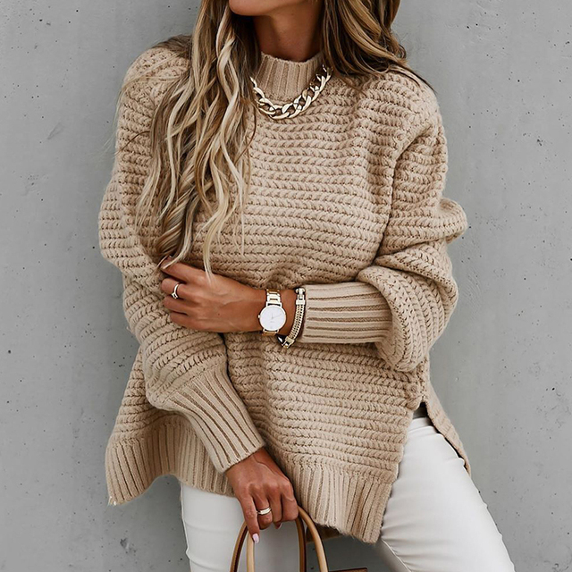 Elegancki damski sweter z długim rękawem - solidna dzianina dwuprzedziałowa, luźny fason, zimowe topy damskie, rozcięcie - tanie ubrania i akcesoria