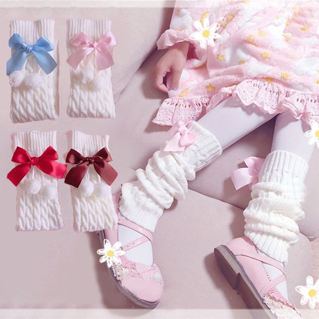 Getry z bawełnianymi kokardkami Lolita Bowknot w stylu japońskich college'ów JK w kolorze białym, luźne skarpety na stopy z ozdobnymi falbanami - tanie ubrania i akcesoria