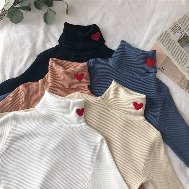 Sweter damski prążkowany z haftowanym sercem i golfem, dzianina 2021, jesień/zima, miękki i ciepły - tanie ubrania i akcesoria