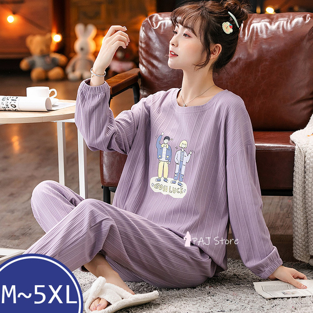 Dwuczęściowy zestaw piżam damskich z koszulą nocną i spodniami M-5XL plus rozmiar bawełnianych piżam w stylu Kawail dla dziewczynaków - tanie ubrania i akcesoria