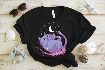 Kosmiczny T-shirt z grafiką Kot MomFunny dla zakochanych – rozmiar damski, 100% bawełna