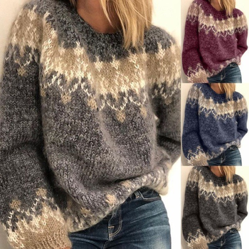 Sweter damski jesienno-zimowy z kwiatowym wzorem, ciepły i luźny, z moherowym dodatkiem