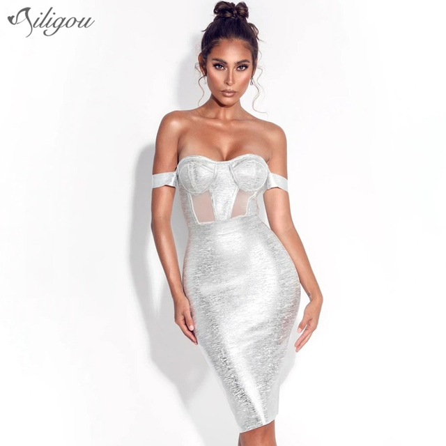 Ailigou - Nowa srebrna czarna, obcisła sukienka z bandażowym wzorem i odsłoniętymi ramionami - Vintage Vestios (hurtownia/dostawa) - tanie ubrania i akcesoria