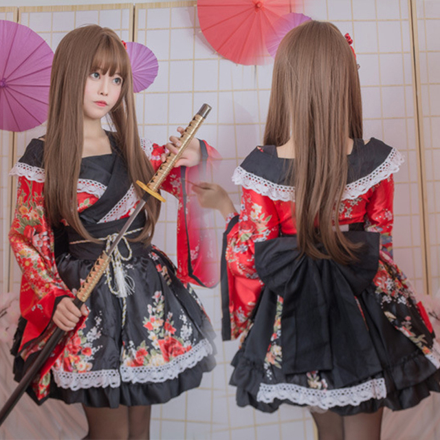 Sukienka japońska Lolita w stylu Vintage, siedmiu kolorów, z koronkami i wzorem Sakura, na karnawał - tanie ubrania i akcesoria