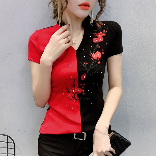 Krótkie czarne bluzki vintage w chińskim stylu dla kobiet - letnia moda t-shirt Cheongsam z krótkim rękawem - tanie ubrania i akcesoria