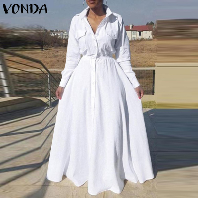 Elegancka, biała sukienka letnia w dół, ze skręcanym kołnierzem - idealna bluzka wyjściowa na plażę 2021 VONDA Vestidos - tanie ubrania i akcesoria