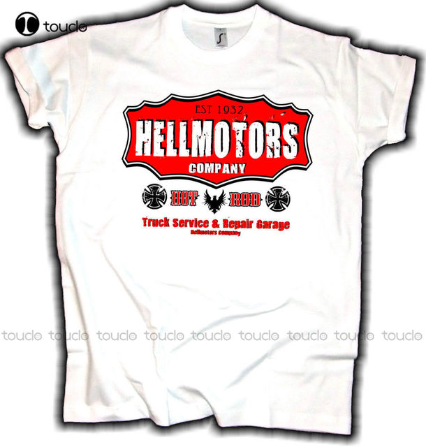 Koszulka męska Oldschool Hotrod Hellmotors 100% bawełny, Weiss US Car V8 Vintage Rockabilly, z nadrukiem - tanie ubrania i akcesoria