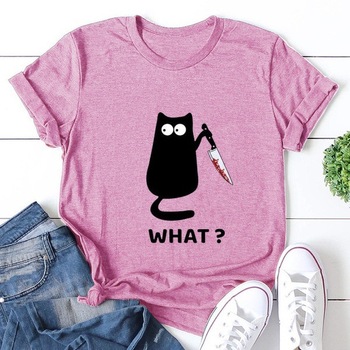 Damska koszulka z nadrukiem kota, krótki rękaw, luźny fason