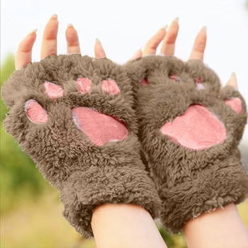 Słodkie zimowe rękawiczki damskie kociak Paw pluszowe bez palców - pół palca, puszyste i ciepłe