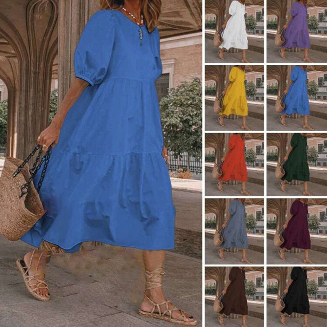 Artystyczna sukienka vintage z krótkim rękawem bawełniana, luźna i jednolita, midi o-Neck, Patchwork - moda damska 2021 - tanie ubrania i akcesoria