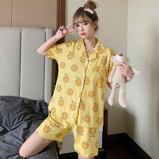 Letnie damskie piżamy z krótkimi rękawami i spodenkami, kardigan koreański, w słodkim dorywczym stylu - tanie ubrania i akcesoria