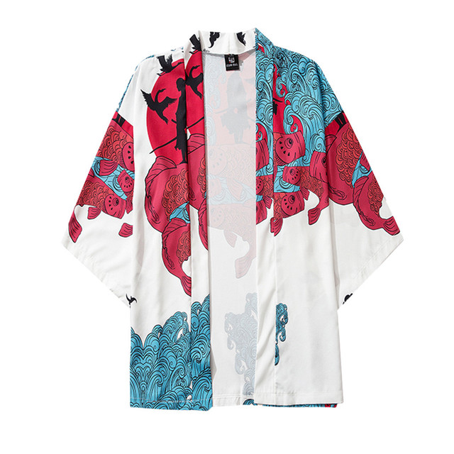 Tradycyjne japońskie kimono Cardigan z nadrukiem żurawia - koszula męska w stylu Yukata - tanie ubrania i akcesoria