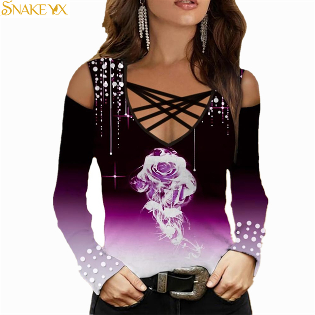 Wąż YX - damskie koszulki z krzyżowym nadrukiem z różą, długim rękawem, w luźnym rozmiarze - tanie ubrania i akcesoria