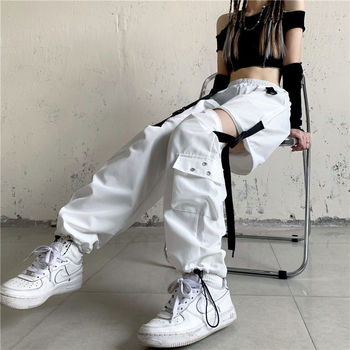 Spodnie capri damskie HOUZHOU białe Streetwear Cargo z wysokim stanem, luźne, Y2k Harajuku, koreański