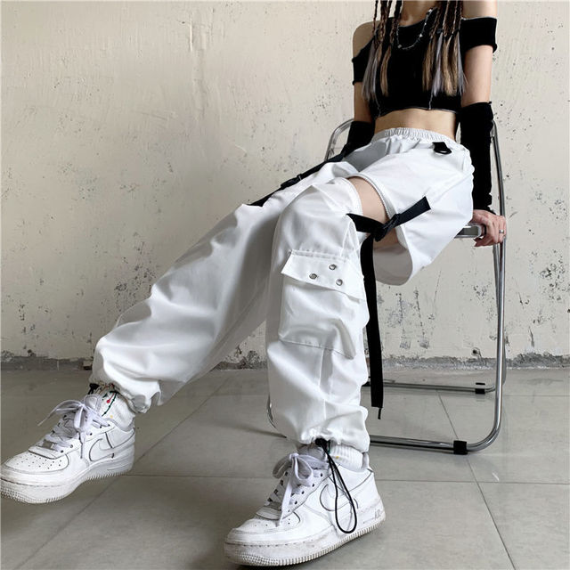 Spodnie capri damskie HOUZHOU białe Streetwear Cargo z wysokim stanem, luźne, Y2k Harajuku, koreański - tanie ubrania i akcesoria