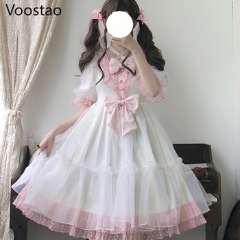 Sukienka Japońska Lolita Party Dress - klasyczny, słodki krój z koronką, siatką i łukiem - krótki rękaw - Harajuku Kawaii księżniczka