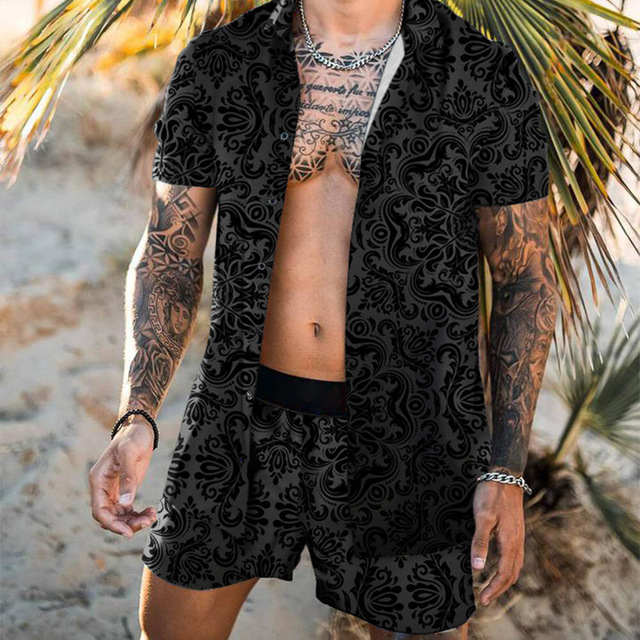 Męskie zestaw plażowy: krótkie spodenki i koszula z hawajskim kwiatowym printem, idealne na lato, dostępne w rozmiarach M-3XL - tanie ubrania i akcesoria