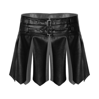 Seksowna męska spódnica na karnawał z frędzlami - Faux Leather Rave Clubwear z regulowaną klamrą i zamkiem na spódnicy