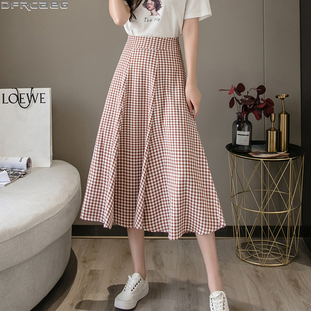 Elegancka spódnica w kratę z wysoką talią dla kobiet - wiosna/jesień - tanie ubrania i akcesoria