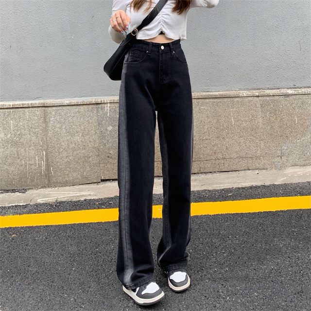 Jeansy damskie, długie, czarne, z bocznymi paskami, wysoka talia, styl Harajuku Vintage - tanie ubrania i akcesoria