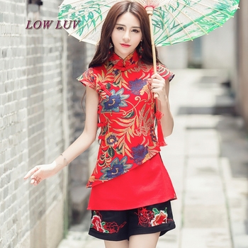 Koszula damskiego topu z oryginalnym chińskim wzorem i patchworkiem, vintage M-3XL, zielony i czerwony nadruk Qipao - TB454