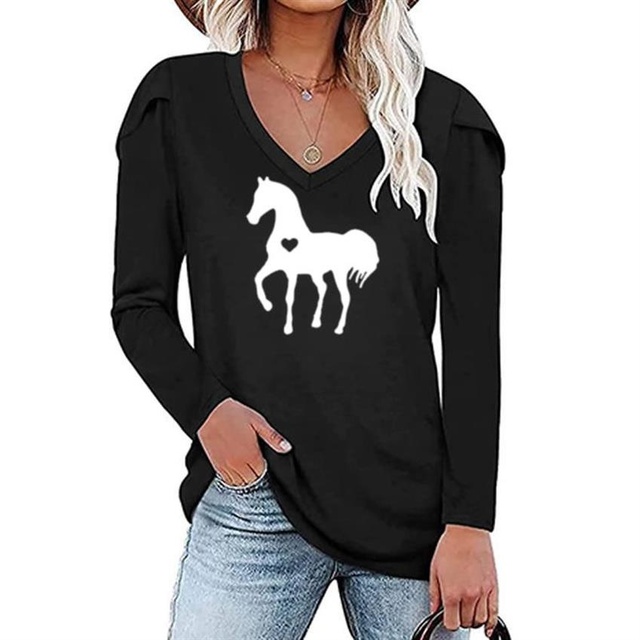 Nowe, modne końskie nadruki na zwierzęcych T-Shirtach dla kobiet - długie rękawy V-Neck, plisowane płatki T-Shirtów. Kahajuku bluzki Plus rozmiar - tanie ubrania i akcesoria