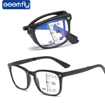 Okulary Seemfly Retro składane wieloogniskowe progresywne do czytania, anty-niebieski promień daleko i blisko, podwójna soczewka optyczna Presbyopic