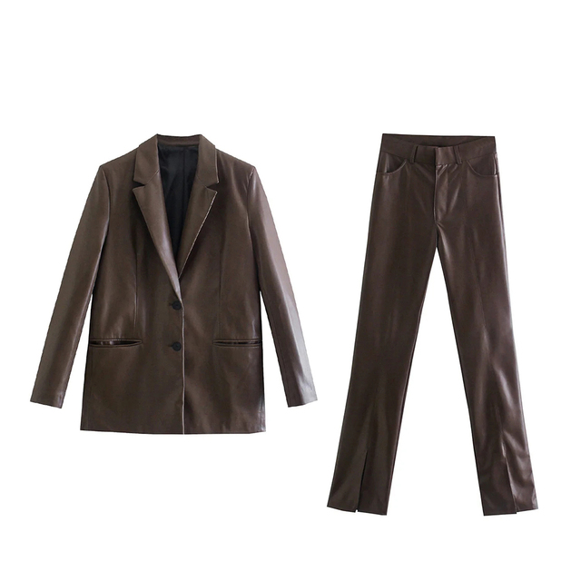 Dwuczęściowy zestaw Vintage Single Breasted: solidny płaszcz w stylu Streetwear i spodnie z wysokim stanem Xikom Women 2021 - tanie ubrania i akcesoria