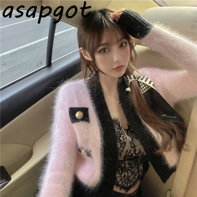 Nowa moda zimowa - Japan Style słodki różowy moher sweterek rozpinany V Neck patchworkowy - Top Pull Femme Chic - delikatny styl 3 - tanie ubrania i akcesoria