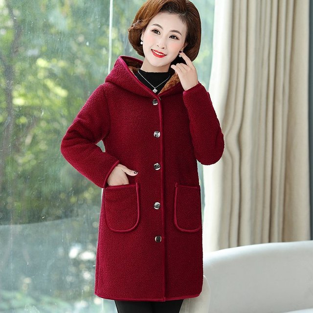 Płaszcz zimowy kurtka dla kobiet w średnim wieku i starszych, połowa-długi, jednorzędowy z kapturem, pluszowy i ciepły (2021) - tanie ubrania i akcesoria