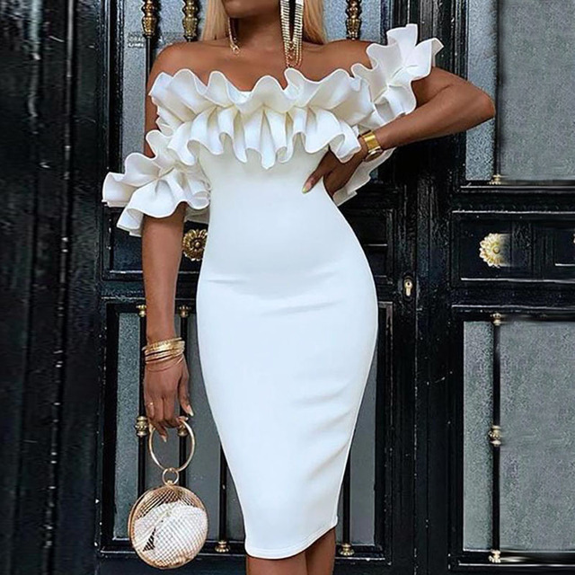 Biała elegancka sukienka wieczorowa z marszczeniami - lady style 2021 - tanie ubrania i akcesoria