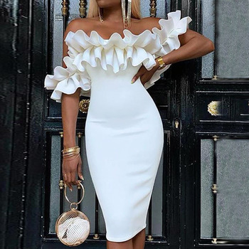 Biała elegancka sukienka wieczorowa z marszczeniami - lady style 2021