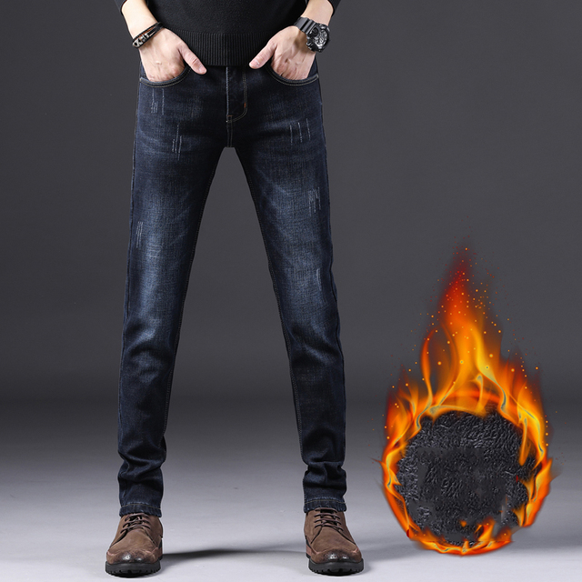 Męskie zimowe jeansy rozciągliwe, ocieplane, ciemnoniebieskie [nazwa marki] z polarowym wyściółką - tanie ubrania i akcesoria