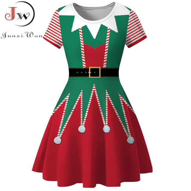 Sukienka świąteczna damska, casual elegancka, czerwony nadruk, na imprezę bożonarodzeniową, Vintage Retro O-neck, krótki rękaw, A-Line Vestidos Robe Femme - tanie ubrania i akcesoria