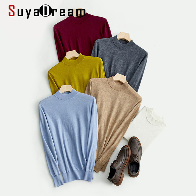 Męskie swetry SuyaDream 2021 zima, 100% wełna, jednolite wzory, mock szyja - tanie ubrania i akcesoria