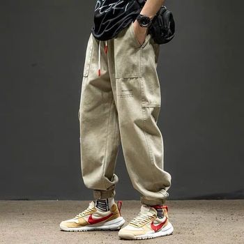 Męskie bojówki dresowe Khaki Cargo z bawełny casaul do biegania i hip-hop (rozmiar 5XL)