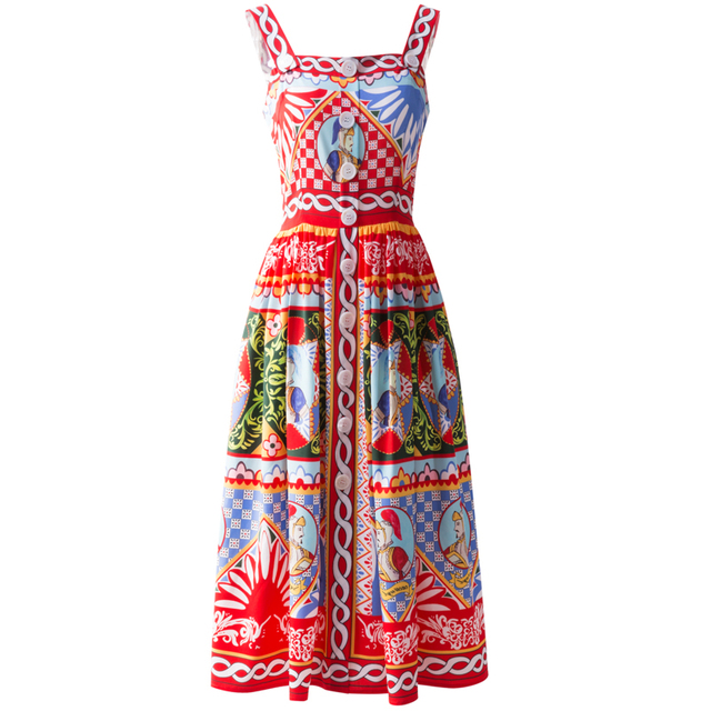 Kobieca sukienka midi w stylu vintage, idealna na lato, o wysokiej jakości wykonania z czeskim nadrukiem - tanie ubrania i akcesoria