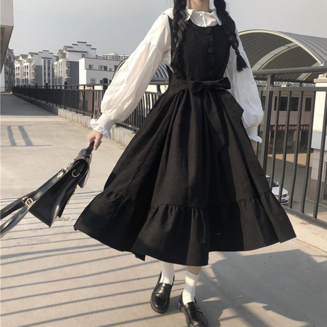 Czarna Lolita - sukienka letnia w stylu Preppy o inspiracjach szkolnych - tanie ubrania i akcesoria