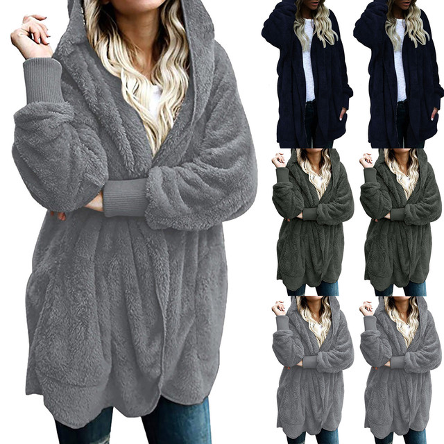 Płaszcz zimowy dla kobiet 2021, luźny, pluszowy, ciepły, z kapturem, długi rękaw - tanie ubrania i akcesoria