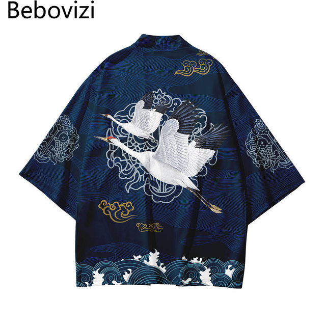 Kardigan Kimono Haori styl japoński nadruk żurawia - odzież dorywcza dla kobiet - tanie ubrania i akcesoria