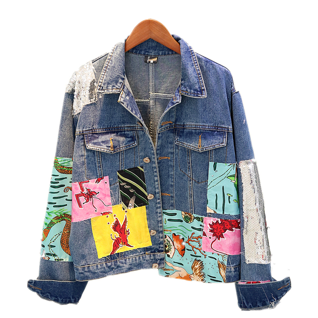 Damska kurtka dżinsowa wiosna/jesień 2020 z cekinami i wzorem, patchwork, casual, luźny płaszcz - tanie ubrania i akcesoria