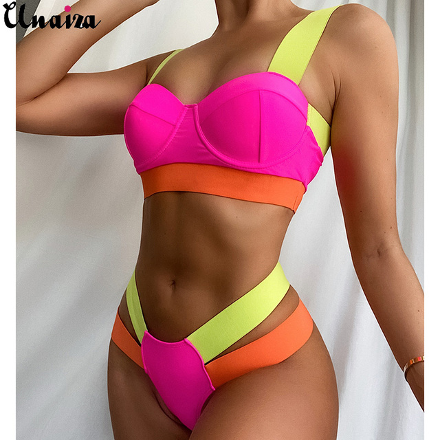 Seksowne damskie stroje kąpielowe Push Up Patchwork Bikini Neon 2021 Biquini Unaiza - tanie ubrania i akcesoria