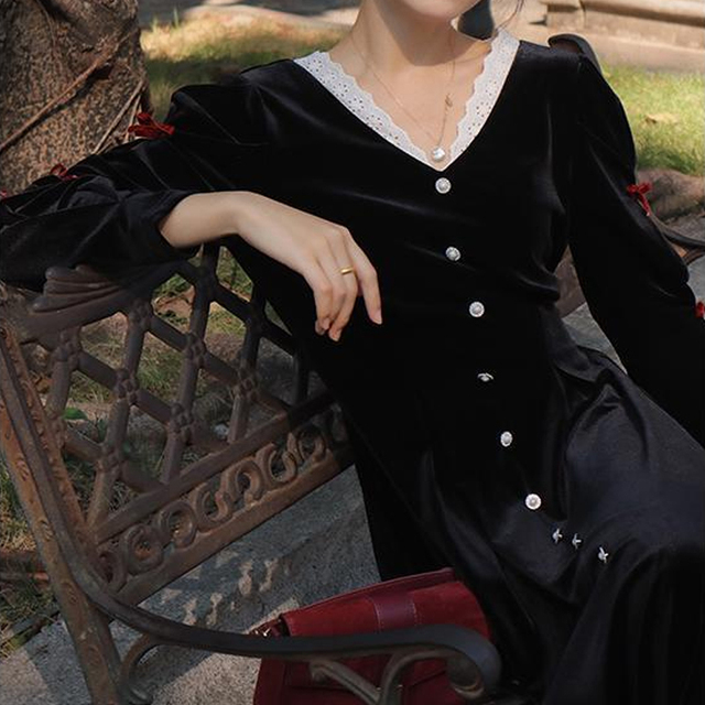 Elegancka długa francuska sukienka damska z aksamitnym, czarnym materiałem i gothicznym stylem, Y2K 2021, rękaw długi, zdobiona kokardą - jesienne nowości vintage - tanie ubrania i akcesoria